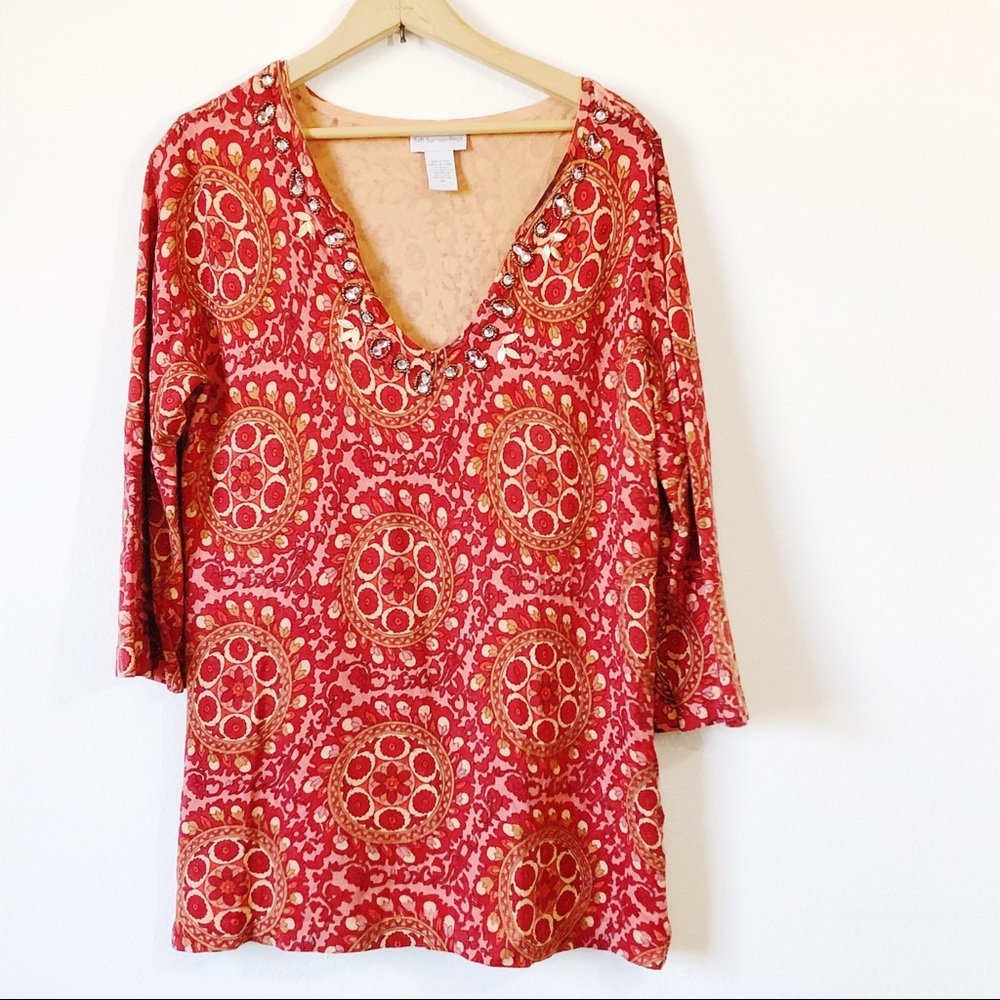 Soft Surroundings Silk Blend Orange Jeweled Geometric Pattern Top